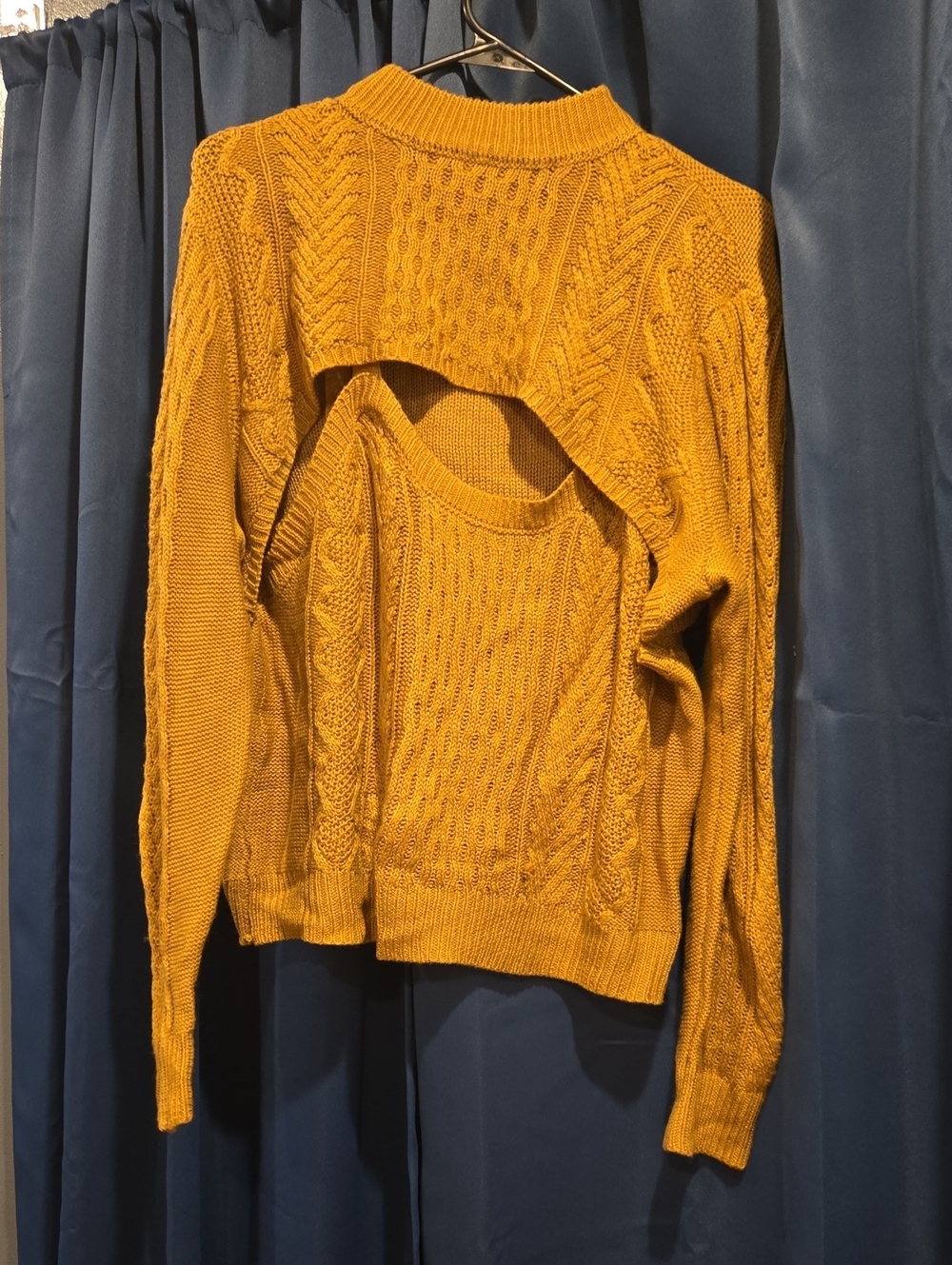Almost Famous Mustard Cable-Knit Open-Back And Front Sweater - Picture 1 of 8